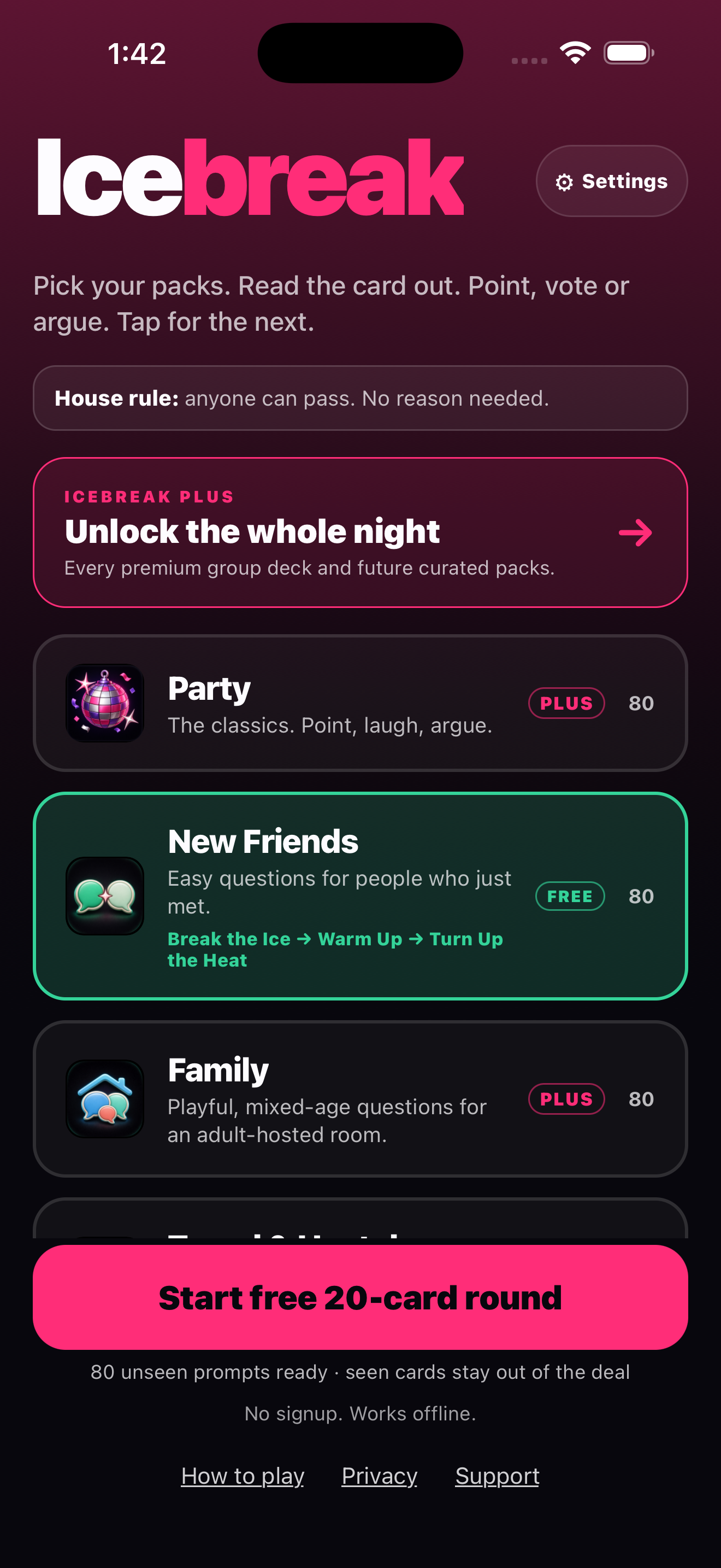 Actual Release build of Chinwag showing the free New Friends deck and locked Plus decks