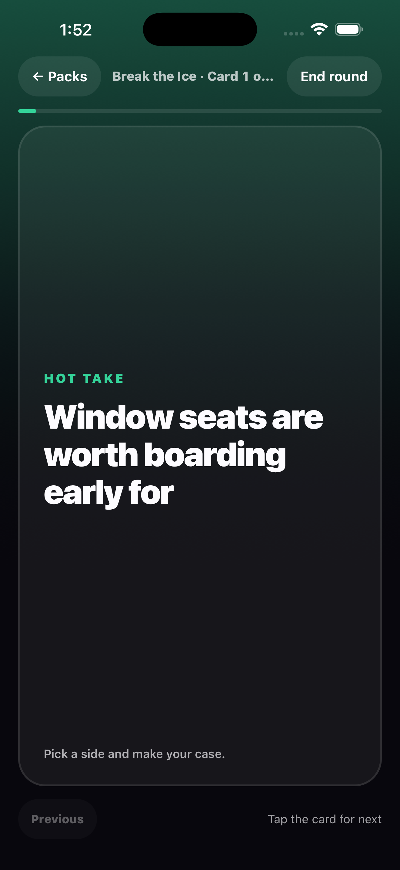 Actual Release build of Chinwag showing a Break the Ice question card