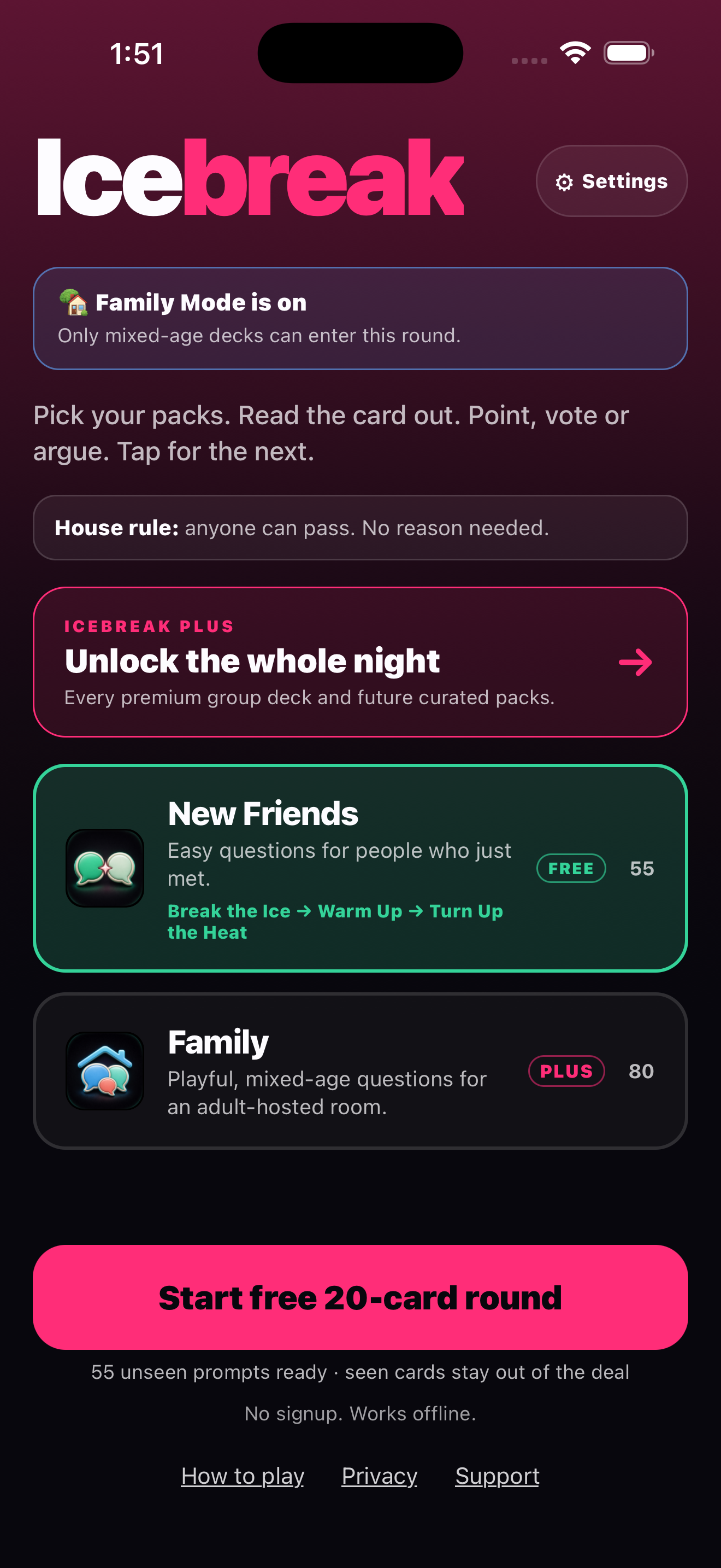 Actual Release build of Chinwag showing Family Mode enabled