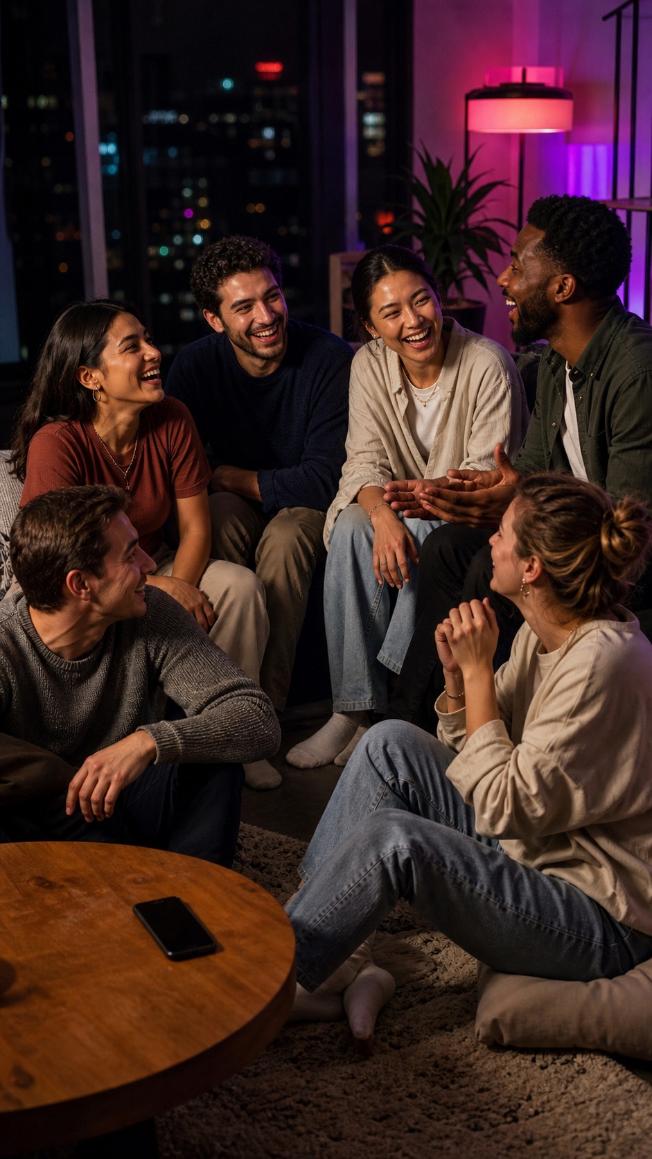 Six friends laughing together with the phone face down on the table