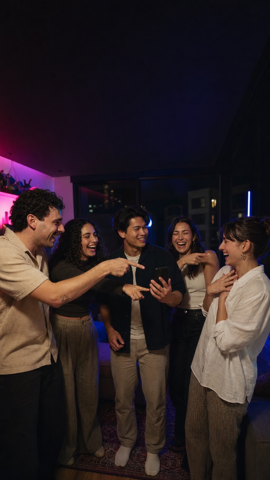 Illustrative scene of five friends pointing and laughing together around one phone