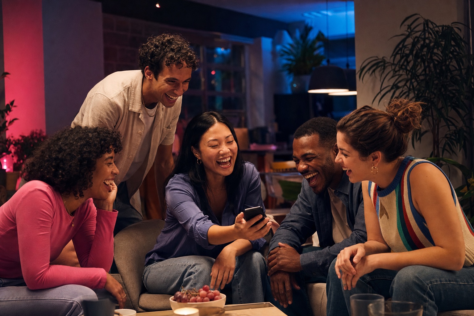 Adults from mixed friendship groups laughing together at a birthday