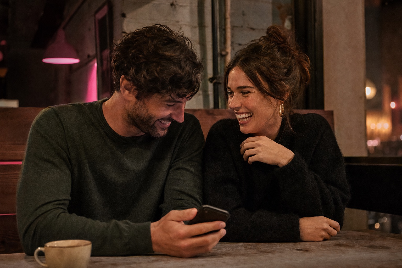Two adults laughing over a date-night question