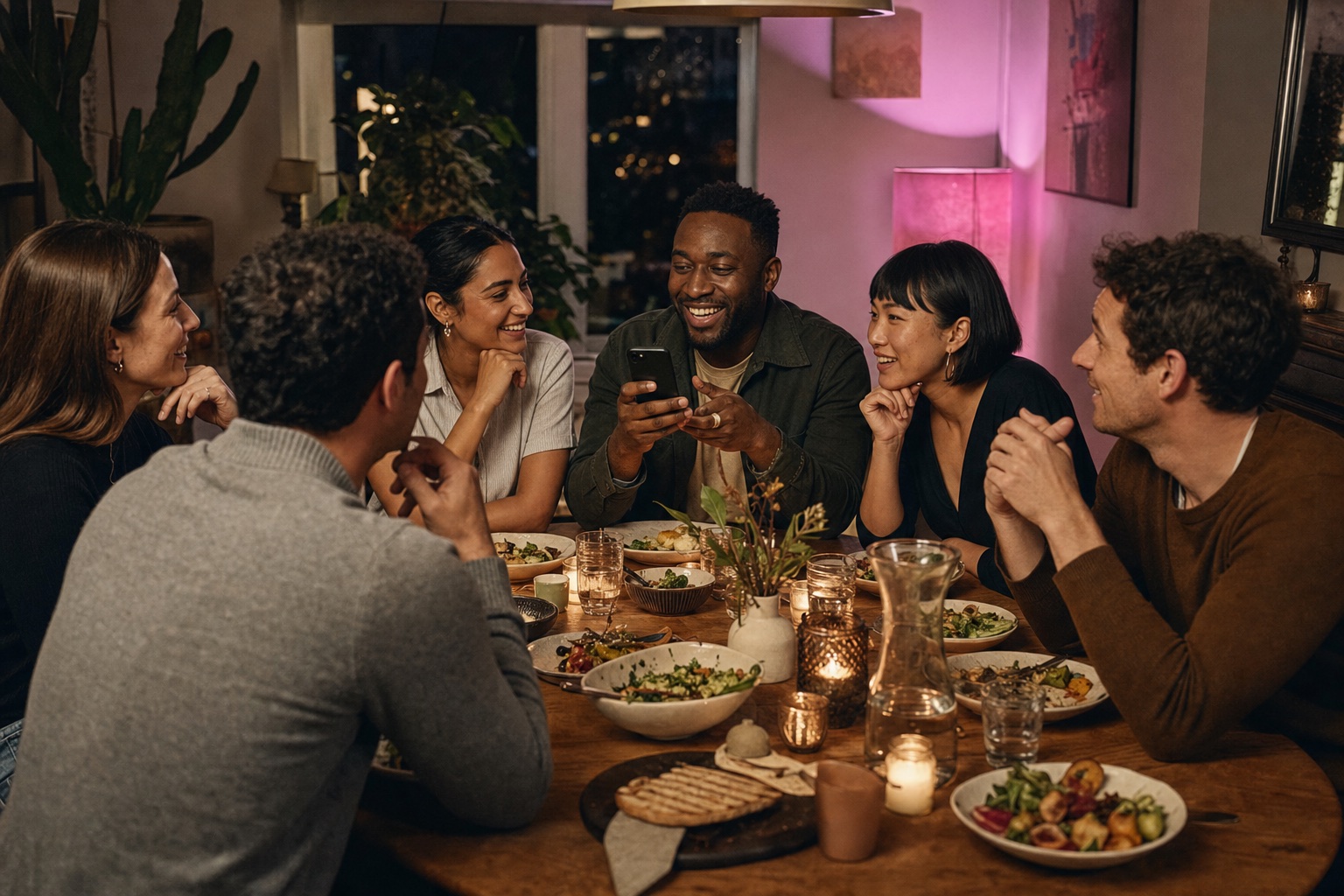 A dinner table joining one lively conversation around a phone
