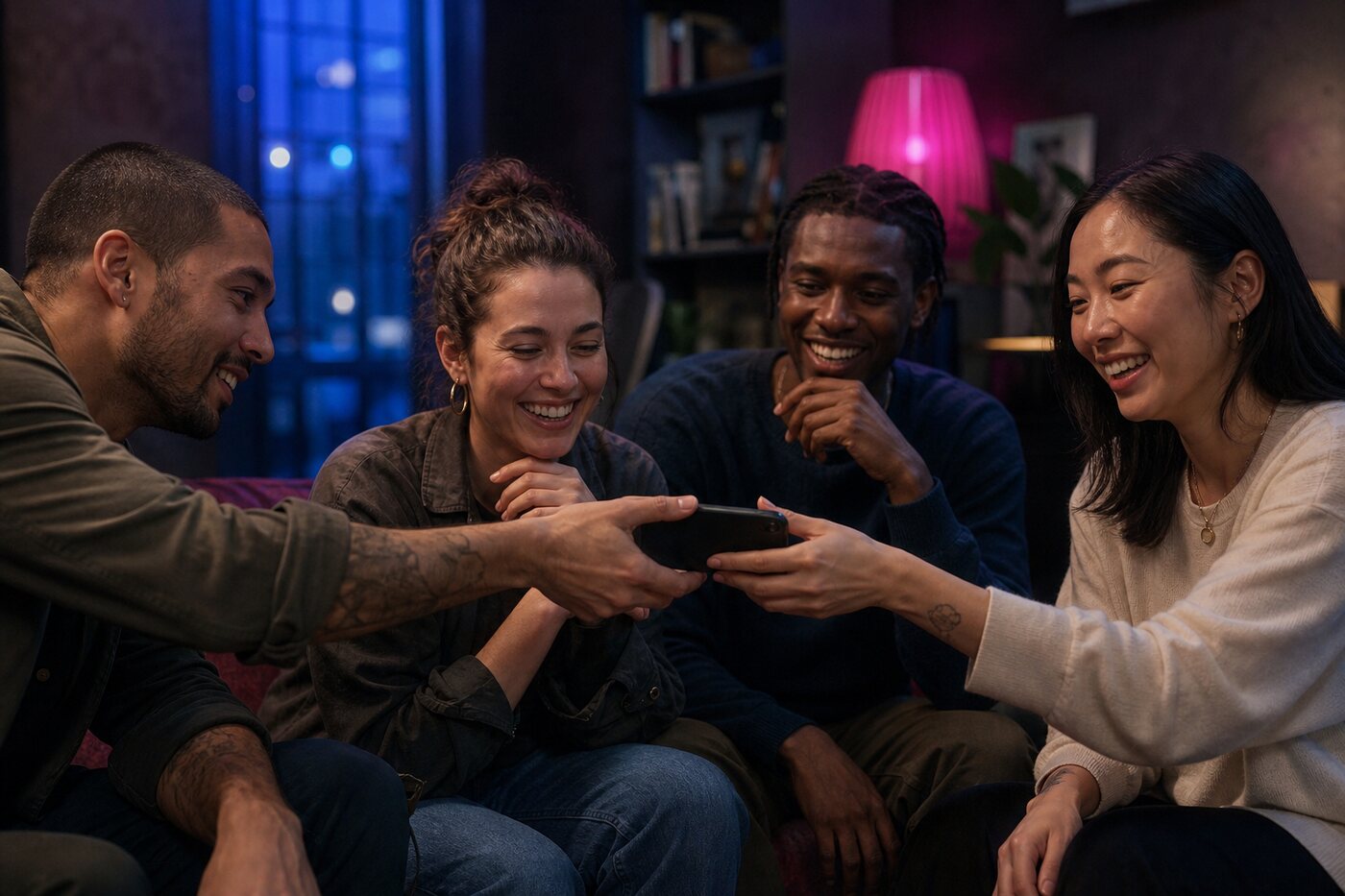 Friends passing one phone around the group