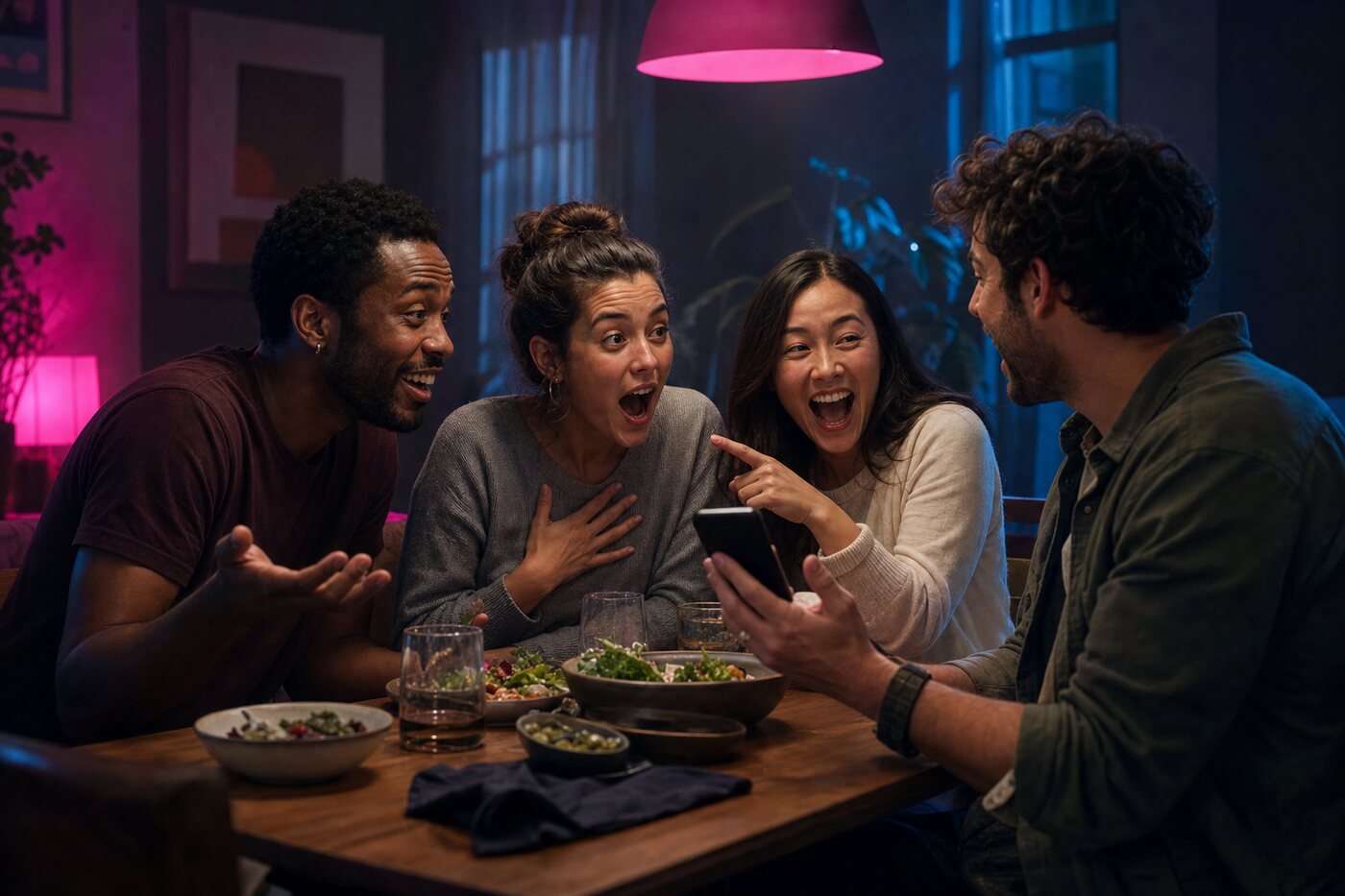 Four adults enjoying a question around a dinner table