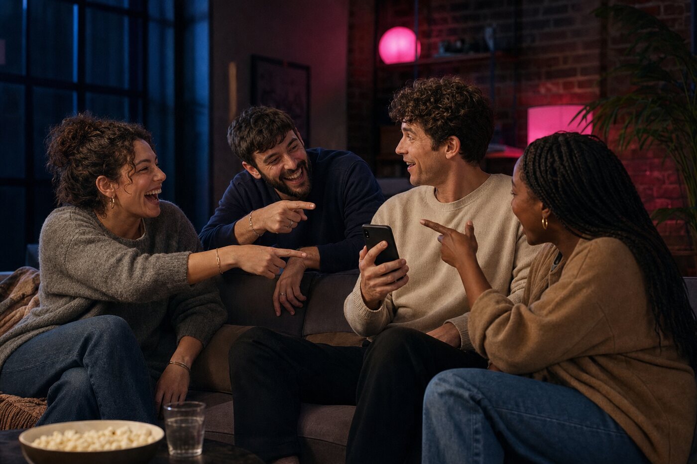 Friends playing a spontaneous game with one phone