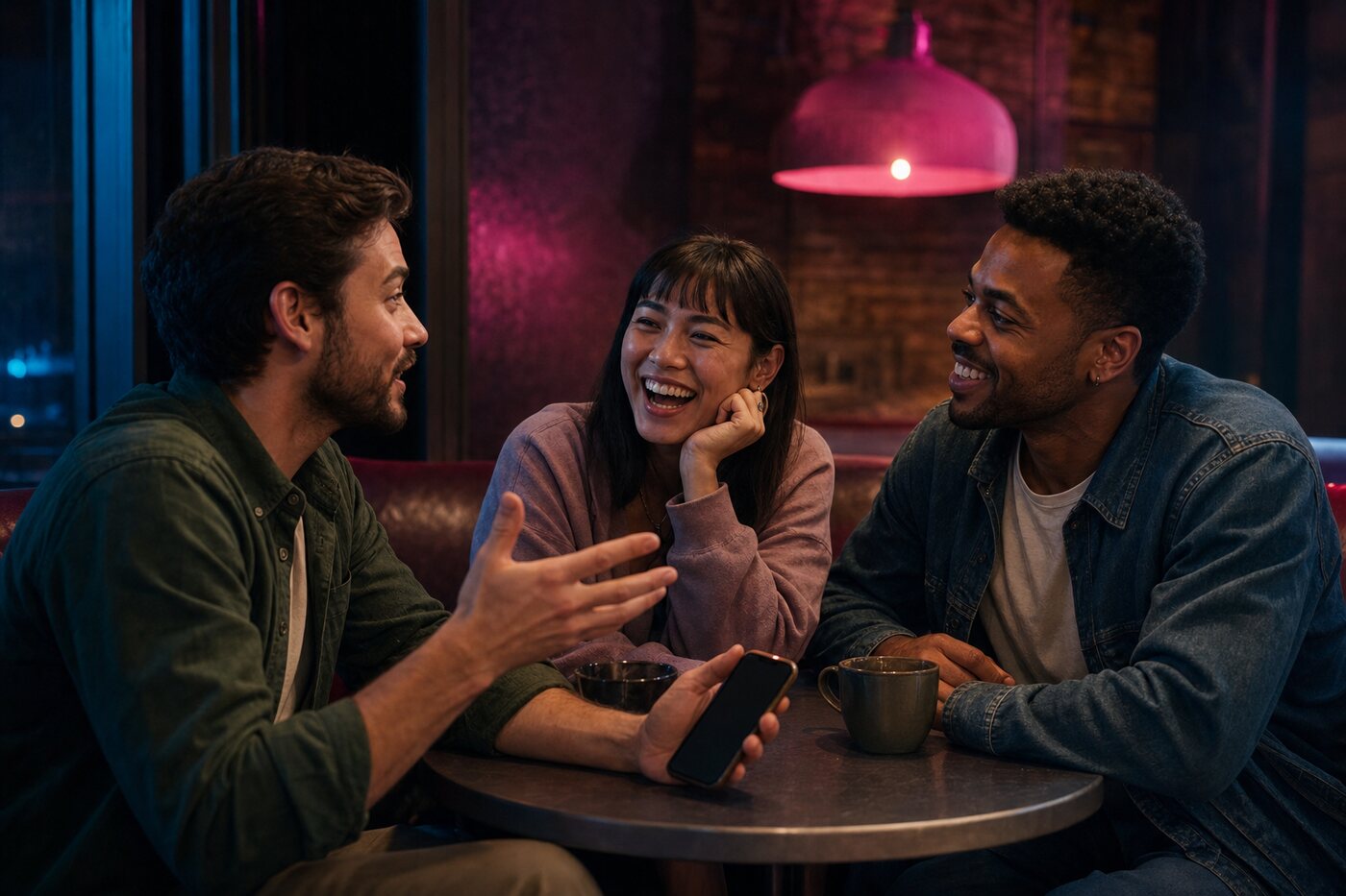 Three new friends laughing together over a question