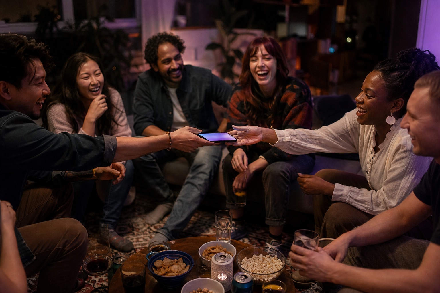 One phone being handed from one person to the next while the group laughs